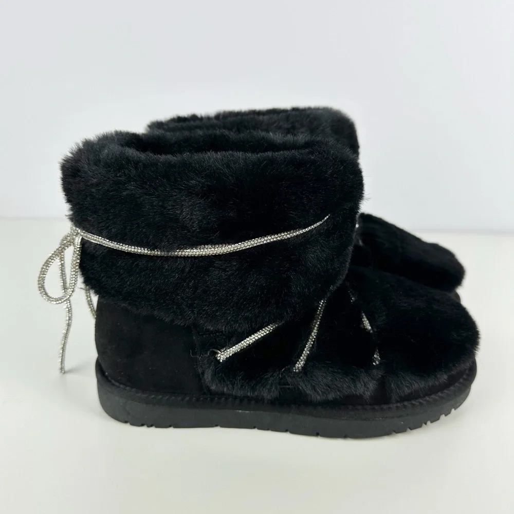 AZALEA WANG Retrograde Alina Black Faux Fur Moon Boots Rhinestone Laces NEW